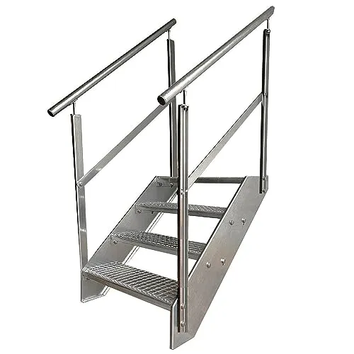Kaminbau Mierzwa Premium Stahl Treppe Beidseitiges Geländer Verzinkt 4 Stufen (Breite 1000 mm) (Höhe 76 cm) Wetterfest Gitterroststufe Gartentreppe