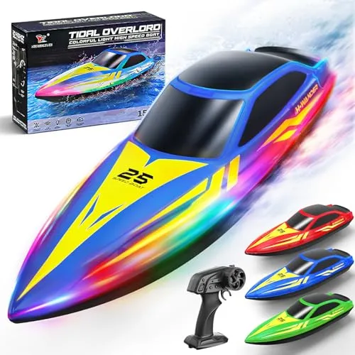 Ferngesteuertes Boot mit LED Beleuchtung,7 Lichtmodi,2.4 GHz RC Boot mit bis zu 15km/h,Auto-Flip & Sicherheitswarnung,2 Akkus,für Pool und See als Wasserspielzeug,Geschenk für Jungen und Mädchen.—Blau