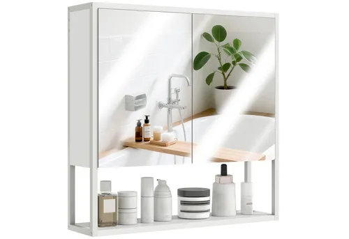 Badezimmer-Wandschrank mit Spiegel und 2 Spiegeltüren, 60 x 16 x 60 cm, Weiß