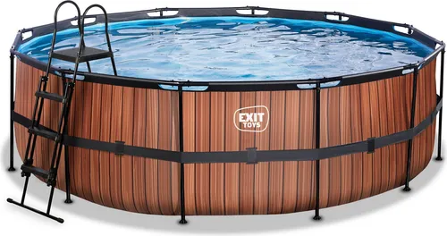 EXIT Wood Pool Braun Ø450x122cm mit Filterpumpe - Swimmingpool mit stilvollem Holzlook, 3-lagigen Wänden und stabiler Konstruktion für jahrelangen Spaß im Garten. Inklusive Filterpumpe für sauberes Wasser.