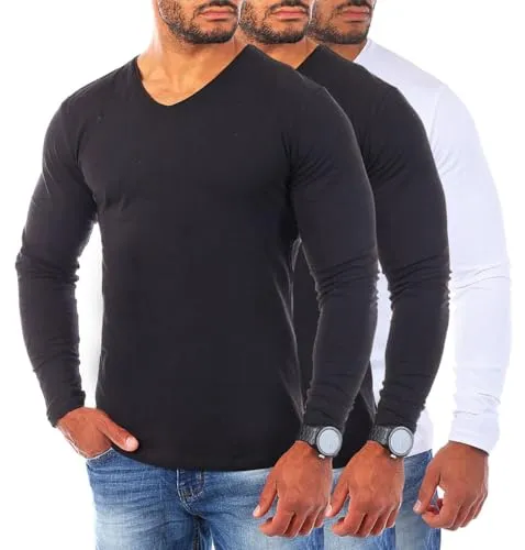 Young & Rich Herren Uni Longsleeve v-Neck Basic Tee Langarm Shirt einfarbig V-Ausschnitt Slimfit mit Stretchanteilen 2001, Grösse:S, Farbe:2X Schwarz / 1x Weiß (3er Pack)