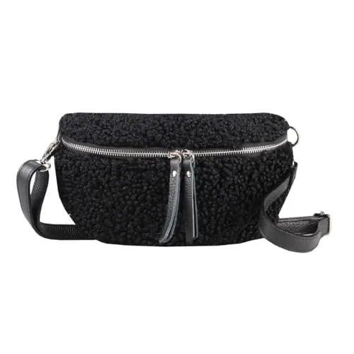 OBC Made in Italy Damen Teddyfell Tasche Plüsch Bauchtasche Hüfttasche Schultertasche Bodybag Umhängetasche Crossbody Teddyplüsch Handytasche Crossbag Gürteltasche Wintertasche Lammfell-Optik Schwarz