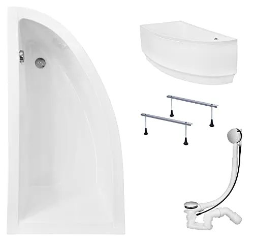 KOLMAN Badewanne PRAKTIKA Eckbadewanne 140x70 Links mit AcrylSchürze, Ablaufgarnitur und Füßen Komplettset 4in1 Premium Original Acryl Wanne Siphon