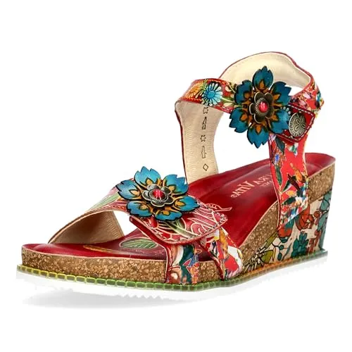 Laura Vita Damen Keilsandalette Bonito 13 - Floral und Bequem - Wanderschuhe mit blumigem Design, aus hochwertigem Leder und zwei praktischen Klettverschlüssen für perfekten Sitz und einfachen Einstieg.