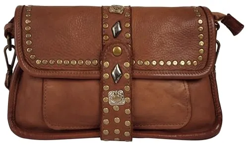 Samantha Look Handtasche Damen 020890 cognac - Elegante Handtasche aus 100% Rindleder mit verspielten Metallapplikationen, geräumigem Hauptfach und verstellbarem Schultergurt für maximalen Tragekomfort. Ideal für stilbewusste Damen!