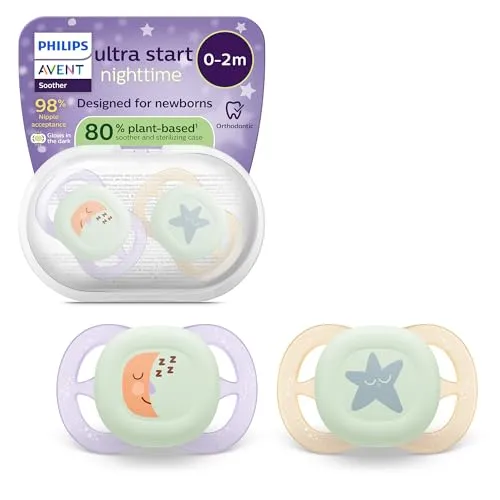 Philips Avent ultra start Nighttime Schnuller – kiefergerecht geformtes Design, für Neugeborene, leuchtet im Dunkeln, weicher, symmetrischer Silikonsauger, BPA-frei, 2er-Pack, SCF075/17