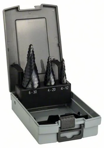 Bosch Accessories 2608588069 HSS Stufenbohrer-Set 3-teilig - Stufenbohrer-Set für präzises Bohren in Nichteisenmetall und Kunststoff, mit AlTiN-Beschichtung für maximale Lebensdauer und gratfreies Bohren.