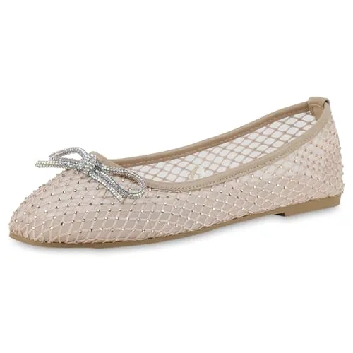 VAN HILL Damen Klassische Ballerinas Flach Strass Trendy Schuhe 217274 Beige 38