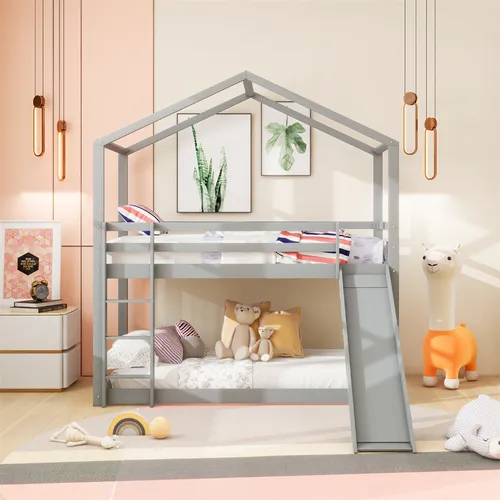 Kinderbett Hausbett mit Rutsche und Lattenrost 90 x 200 cm, grau