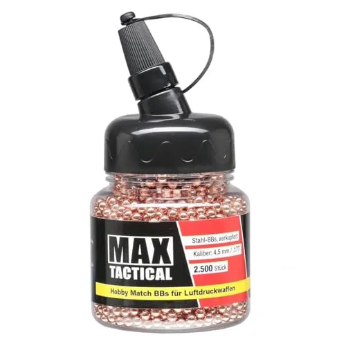 Max Tactical Stahlkugeln Kaliber BBS 4,5 mm – Munition Rundkugeln für CO2 Luftpistole & Luftgewehr – druckwaffen Stahlrundkugeln mit Schnelllader Flasche (2500 Kugeln Verkupfert)