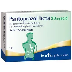 Pantoprazol Beta 20 mg Acid Magensaftres.tabletten - Arzneimittel zur kurzzeitigen Behandlung von Refluxsymptomen wie Sodbrennen. Reduziert effektiv die Magensäure und lindert Beschwerden bereits nach einem Behandlungstag.