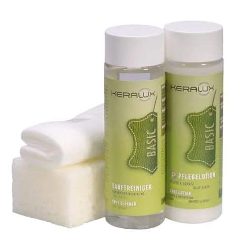 KERALUX 4-teiliges Pflegeset P für pigmentiertes Glattleder - Autopflege & Motorradpflege: Optimale Lederpflege mit 200 ml Reiniger und 200 ml Pflegelotion, empfohlen von führenden Polstermöbelherstellern.