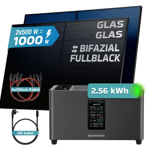 SUNNIVA® 1000W Balkonkraftwerk mit 2,56 kWh Speicher MARSTEK Jupiter C + Plus - Komplettset für Balkon-Solarenergie mit 2x 500W bifazialen Modulen und Marstek Speicher. Einfach über Steckdose anschließen und sofort nutzen. Hohe Effizienz und Stabilität bei jedem Wetter.