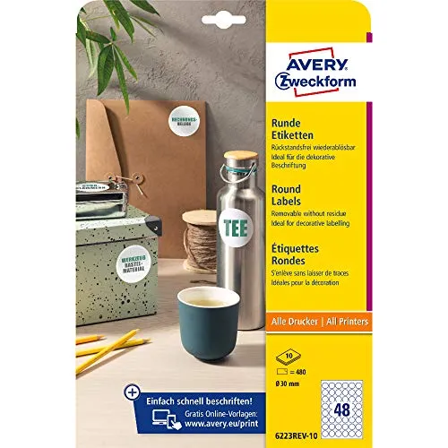 AVERY Zweckform 6223REV-10 Runde Etiketten (480 Klebepunkte, Ø30mm auf A4, runde Aufkleber zum Bedrucken, wieder rückstandsfrei ablösbar/abziehbar, selbstklebende Marmeladenetiketten) 10 Blatt, weiß