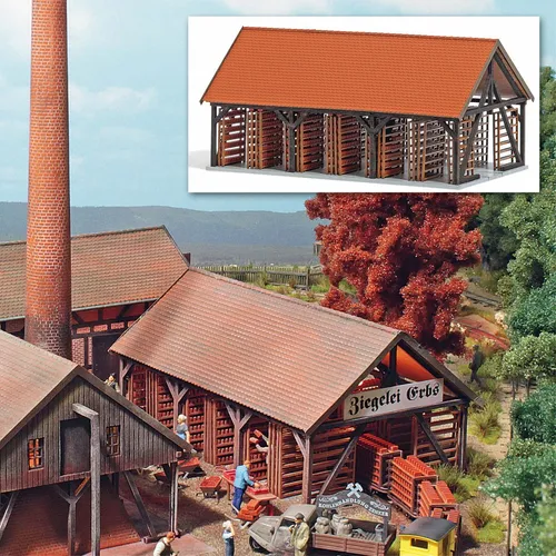 BUSCH 1551 - Ziegelei Trockenschuppen Bausatz - Modelleisenbahnen-Zubehör, hochwertiger Echt Holz Bausatz im Maßstab 1:87, ideal für detailgetreue Modelllandschaften und Sammler