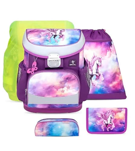 Belmil ergonomischer Schulranzen Set 5-teilig mit Regenschutz 1, 2 Klasse Grundschule/Super Leicht 800-860 g/Brustgurt 405-33/AG/S/R (Pegasus)