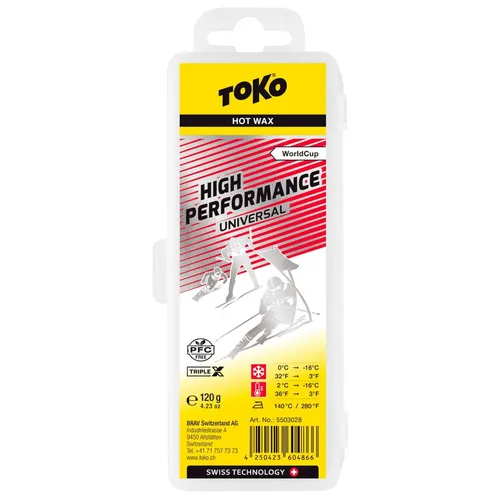 Toko High Performance Universal 120g Wachs - Skiwachs mit TripleX-Technologie für beste Gleiteigenschaften und maximale Schmutz- und Wasserabweisung. Ideal für mittlere Schneetemperaturen von -0° bis -16°C, perfekt für Rennläufer und Freizeitsportler.
