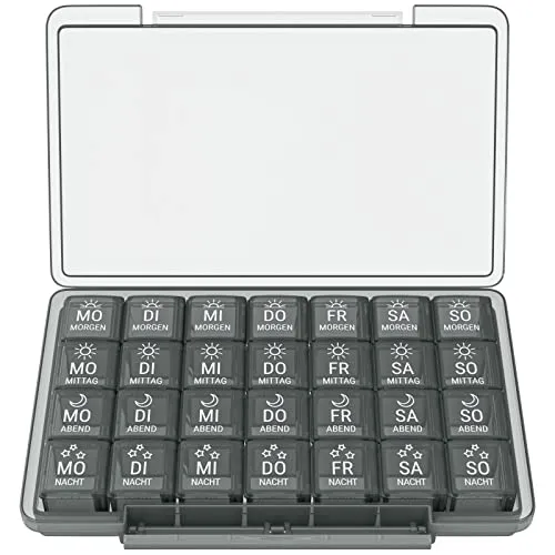 WELLGRO Tablettenbox für 7 Tage - Pillendose je 4 Fächer pro Tag - Klappdeckel mit Druckverschluss - Aufbewahrungsbox - BPA-freier Kunststoff, Farbe:Schwarz