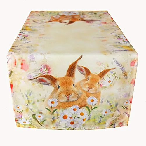 Raebel OHG Tischdecke - hellgelb-bunt Stickerei Druck Hasen auf Frühlingswiese Ostern (130 x 170 cm)