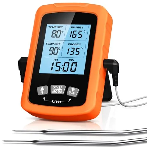 CIRYCASE Fleischthermometer Digital, Schnell & Präzise Ablesbares Ofenthermometer mit Zwei 16,3cm Edelstahlsonden, Grillthermometer mit Auto ON/OFF, Timer & LCD Bildschirm, für Kochen, BBQ, Küche