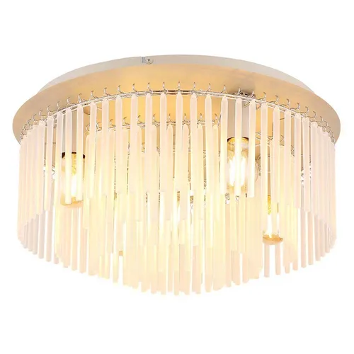 Deckenleuchte Metall sandfarben matt mit satinierten Glasstäben D 50 cm - Moderne Deckenleuchte für Innenräume, ideal für Esszimmer und Wohnzimmer. Die sandfarbene Oberfläche und satinierten Glasstäbe sorgen für eine stilvolle Beleuchtung und ein angenehmes Ambiente.