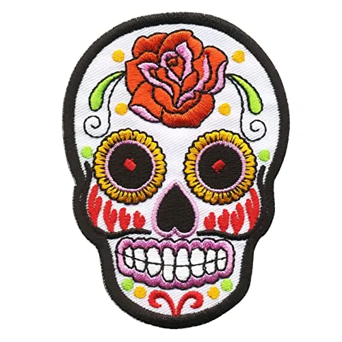 Freak Scene Aufnäher - Totenkopf Mexico mit Rose - weiß-orange - Patch