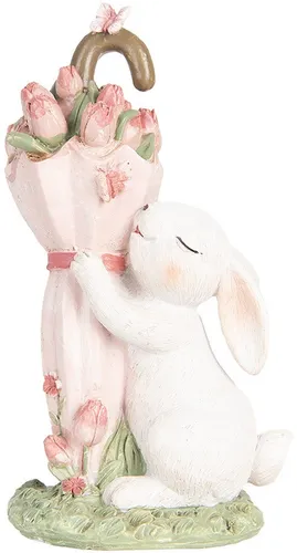 Clayre & Eef Dekofigur Kaninchen mit Regenschirm 9x7x15 cm Weiß Rosa