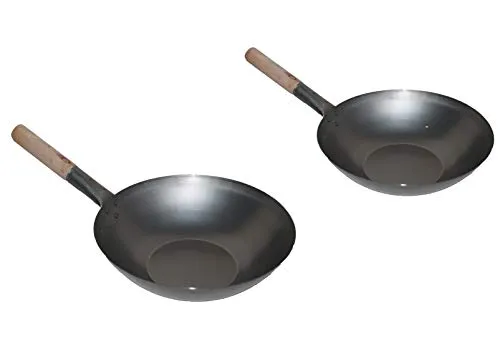 AAF Nommel ®, Wok Set bestehend aus 2 Wok, 30 + 36 cm Ø Flacher Boden Carbon Stahl für Gasherd, Gaskocher, Elektro, Induktion und Ceran geeignet