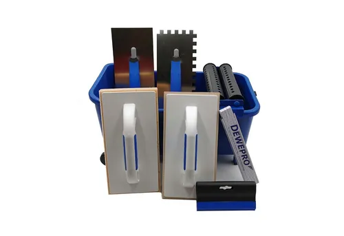 DEWEPRO Fliesenrollenwasch-Set 10-teilig - Reinigungsbürsten Set mit 16l Waschbox, Bodensieb und effizientem Doppelrollen-Aufsatz für müheloses Auswringen von Schwämmen – ideal für Fliesenleger und Heimwerker.