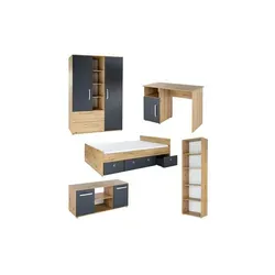 Jugendzimmer 6er-Set Alessio, mehrfarbig - Cooles Design mit XXL-Liegefläche - Jugendzimmer-Sets mit 6-teiligem Mega-Set in Anthrazit/Artisan-Oak. Stauraumbett mit 140 x 200 cm Liegefläche, ideal für komfortables Schlafen und viel Stauraum.