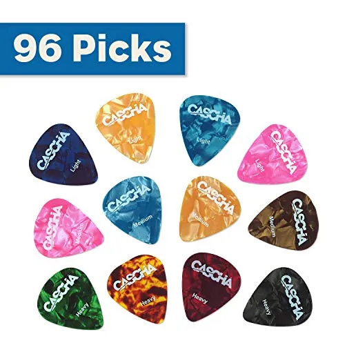 CASCHA Guitar Picks 96er Set - Plektrum für Akustik-Gitarre E-Gitarre Ukulele Bass - hochwertige Plektren in 3 verschiedenen Stärken - aus abriebfestem Celluloid - Guitar Pick Set 96 Stück