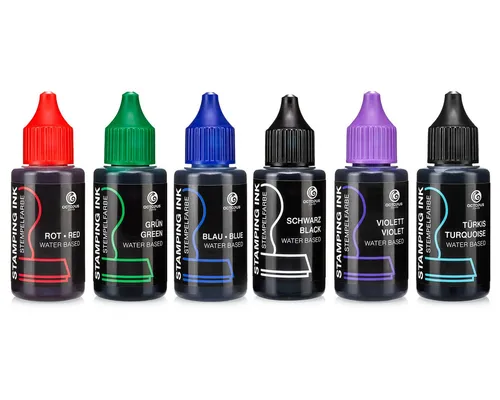 Octopus Stempeltinten 30 ml - Set in Schwarz, Blau, Grün, Rot, Violett, Türkis - Stempelfarbe ohne Öl für Gummi- und Polymerstempel, 6x 30ml Nachfüllfarbe mit Tropfverschluss. Ideal für langanhaltende, lichtstabile Ergebnisse auf Papier.