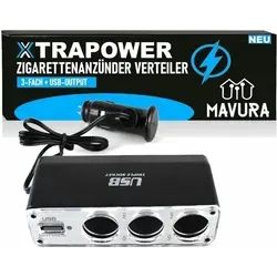 Produktbild XTRAPOWER Zigarettenanzünder Verteiler Auto 12V/24V KFZ Adapter 3-Fach mit USB Steckdosen Ladekabel Splitter