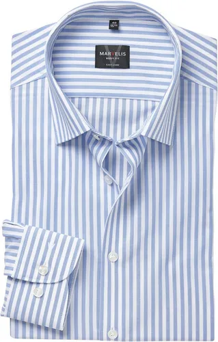 Marvelis Body Fit Hemd Langarm New Kent Kragen Streifen blau Größe 44 - Herrenhemden in körperbetonter Passform für modebewusste Männer, bügelleicht und ohne Brusttasche - ideal für einen gepflegten Look.