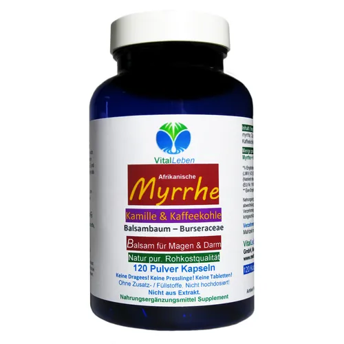 MYRRHE + KAMILLE + KAFFEEKOHLE 120 Pulver Kapseln für den gestressten Darm nach AYURVEDA und Hildegard von Bingen - NATUR pur - OHNE ZUSATZSTOFFE [2 Monate] 27160-120