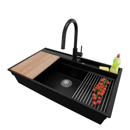 PRIMAGRAN Granitspüle Schwarz 88x53cm, Spülbecken 1 Becken + Küchenarmatur 40x20cm + Zuberhor-Set, Küchenspüle ab 90er Unterschrank - Oslo Pocket S297