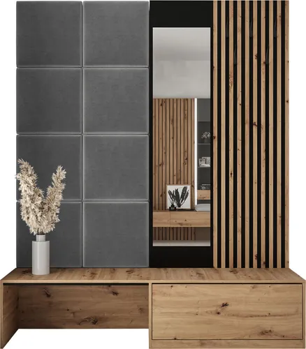 MIRJAN24 Garderoben-Set Premium - Garderoben-Set mit 8 Wandpaneelen und Schuhschrank in Artisan Eiche, ideal für stilvolle Eingangsbereiche. Inklusive Spiegel und 6 Kleiderhaken für optimalen Komfort.