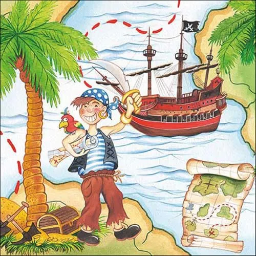 Servietten Kindermotiv Pirateninsel mit Landkarte als Tischdeko. Papierservietten mit Motiv. Auch für Decoupage und Serviettentechnik 33x33cm 20