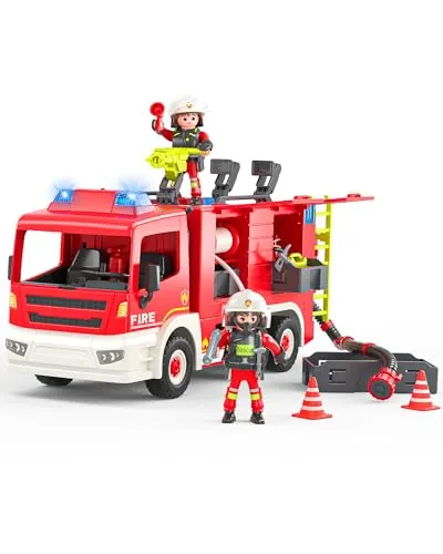 Coroiesty Feuerwehrauto Spielzeug ab 4 Jahre, Große Feuerwehrwagen mit 2 Feuerwehrleuten & Werkzeug, Licht & Sirene, pädagogisches Rettungsfahrzeug für Kinder Jungen Mädchen