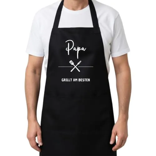Things of Happiness Grillschürze Papa Grillt Am Besten Schwarz | Grill Schürze Vater mit Tasche | Kochschürze Geschenk Papa Vatertag Herrentag Geburtstag | BBQ Schürze Mann 70x100 cm