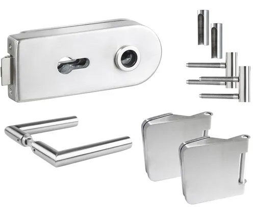 Glastürbeschlag Glastürschloss Set mit Scharnier PZ Edelstahl
