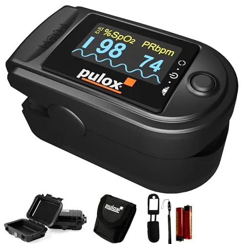 Pulox PO-200A Pulsoximeter Schwarz mit Alarm für SpO2, Puls & PI | Mit Pulston, Warnfunktion und Zubehör-Set zur Kontrolle von Sauerstoffsättigung, Herzfrequenz und Perfusionsindex