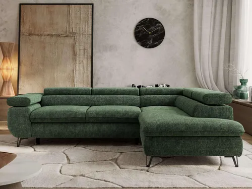 Ecksofa PABLO L mit Schlaffunktion und Bettkasten – Dunkelgrün - Das Ecksofa PABLO L vereint modernes Design mit hoher Funktionalität. Mit integrierter Schlaffunktion und verstellbaren Kopfstützen bietet es hohen Komfort und Flexibilität für Ihr Wohnzimmer.