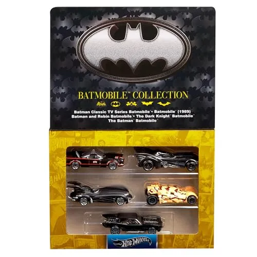 Hot Wheels Die-Cast-Spielzeugautos im Maßstab 1:64, Set aus 5 Batman Fahrzeugen zum 85. Jubiläum, 5 Verschiedene Batmobil-Repliken in Einer Jubiläumsbox, JBG93