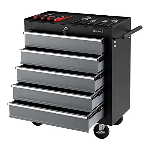 pro.tec Werkstattwagen mit 5 Schubladen - Werkzeugwagen aus robustem Stahl, abschließbar für Sicherheit und mobil mit 4 Rollen. Ideal für Ordnung in Ihrer Werkstatt oder Garage.