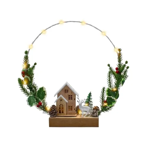 Spetebo LED Dekoring 20 LED mit Holzhaus - 30 cm - Deko Aufsteller Winterszene mit Timer - Metall Advent Weihnachts Tischdeko