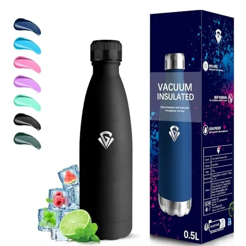 Grsta Thermosflasche, 500ml Trinkflasche Edelstahl, BPA-Frei, Trinkflasche Auslaufsicher, 24h Kalt & 12h Warm, Wasserflasche Metall, Thermosflasche Doppelwandig, für Reisen, Camping, Schwarz
