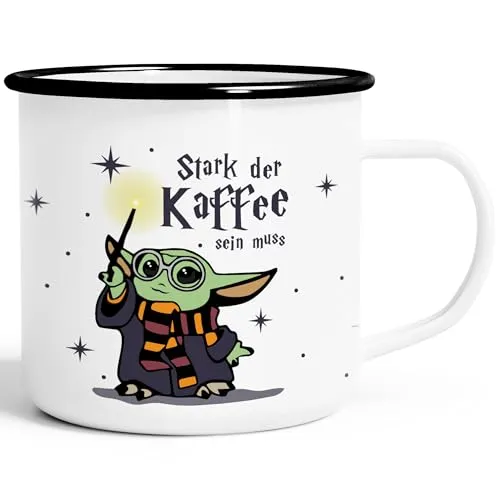 MoonWorks® Emaille-Tasse Baby-Yoda Spruch lustig Stark der Kaffee sein muss Geschenk Kaffeeliebhaber Bürotasse Emaille-weiss-schwarz standard
