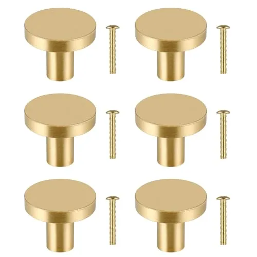 JIZZU 6 Stück Massives Messing Schrankknöpfe,Runde Vintage Schubladenknöpfe Mit Schrauben, Goldene Messing Schubladenknöpfe Für Küchenschränke, Kleiderschrank, Kommode (25 * 20 Mm)