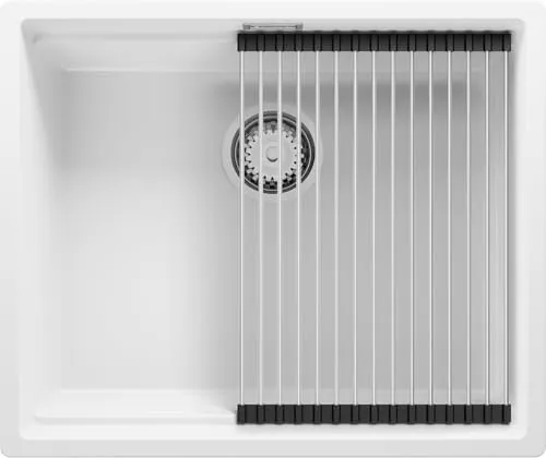 PRIMAGRAN Unterbauspüle Granit Weiß 56x47cm, Spülbecken 1 Becken + Ablauf-Set + Aufrollbare Abtropffläche, Granitspüle ab 60er Unterschrank - Praga S215